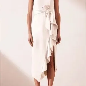 Celeste ruffle front fitted midi dress hotsell
